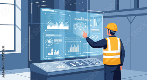 Futuristic factory interface control with engineer interacting with virtual screen technology