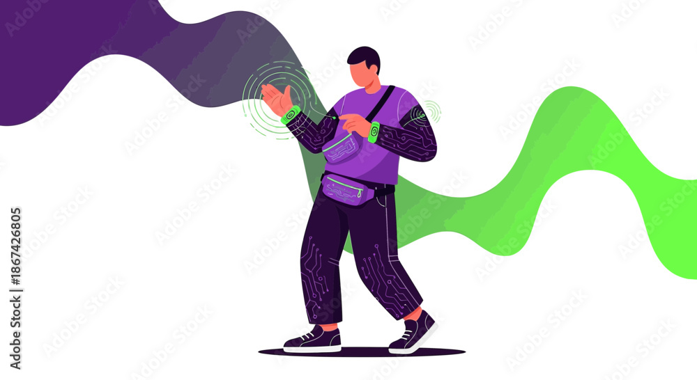 Fototapeta premium Futuristic interaction illustration, showcasing connected technology with a man using smart