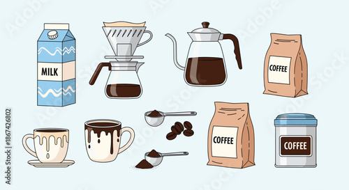 Vector set of coffee preparation accessories including pour-over equipment, a kettle, coffee beans, milk, and a storage tin.