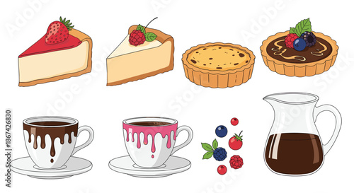 Collection of hand-drawn desserts and drinks including cheesecake slices, tarts, and cups of hot chocolate with fresh berries.