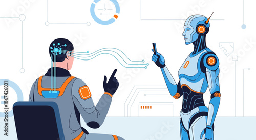 Futuristic interaction depicting human augmented intelligence and a humanoid android