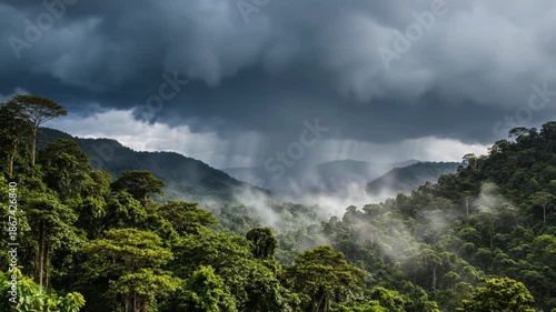 Heavy Rain Storm Passing Over Lush Green Tropical Rainforest Mountains