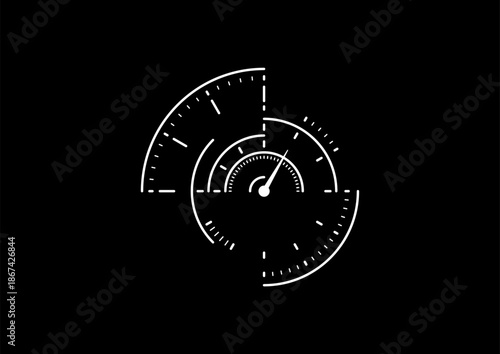 Linear, technologically advanced semi-circular dial concept. Electronic dial interface on a black background. Dial concept for business, education, sports, and technology worlds