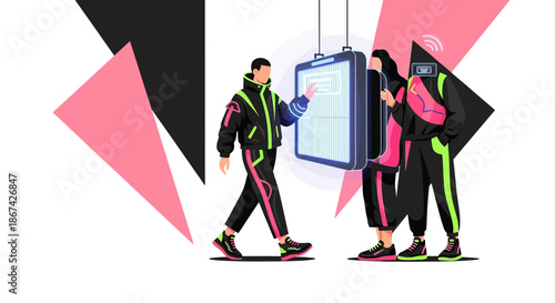 Futuristic interface engagement with stylish avatars exploring digital interaction and wearables