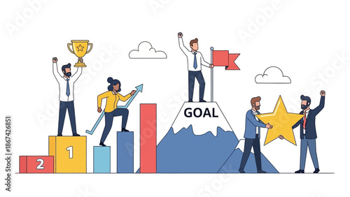 Teamwork achieving goals, business success, reaching top