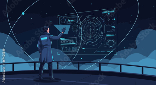 Futuristic Interface Interaction: Man Engaging with Holographic Display in a Advanced World