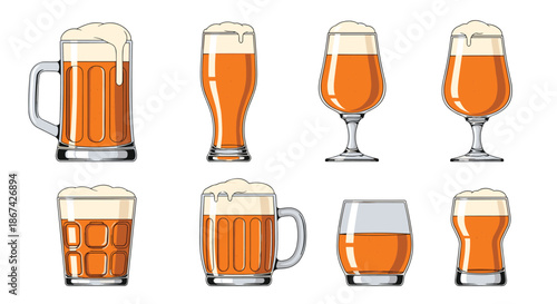 Collection of various types of beer glasses and mugs filled with frothy light beer isolated on a clean white background vector.