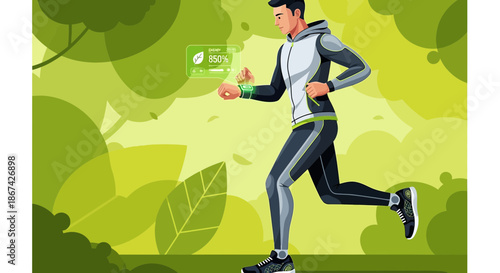 Futuristic jogger using eco-friendly wearable tech for health monitoring in a natural environment