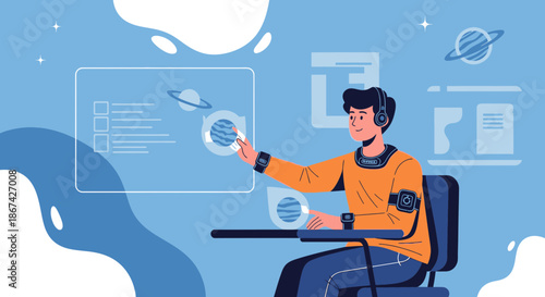 Futuristic learning: Man interacting with holographic display of planets for education or space