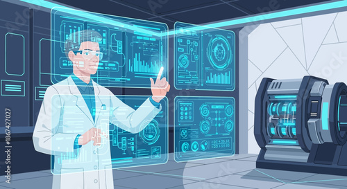 Futuristic laboratory environment featuring a scientist interacting with holographic data displays