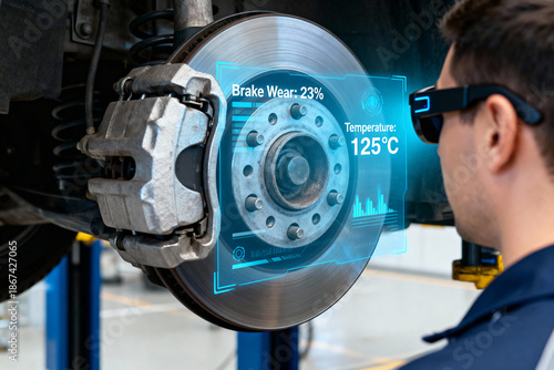 Male engineer uses smart glasses for brake wear analysis and temperature monitoring