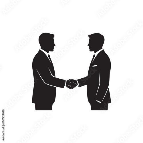 A symbolic representation of a business agreement is shown with two silhouetted figures shaking hands indicating partnership
