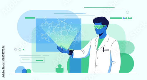 Futuristic scientist analyzing molecular structure via holographic projection display system