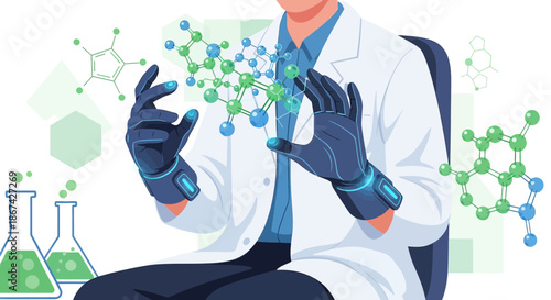 Futuristic scientist manipulating molecular structures in virtual reality using high tech gloves
