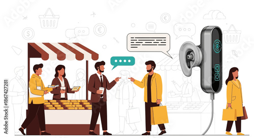 Futuristic Shopping Experience with Advanced Hearing Device and Market Interaction Scenarios