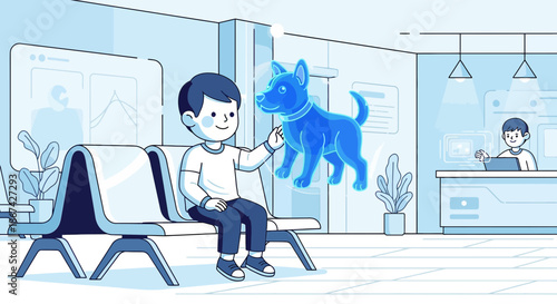 A boy interacts with a holographic dog in a waiting room futuristic technology pet adoption