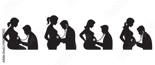 A visual depiction of pregnancy stages showing a doctor examining expectant mothers with a stethoscope
