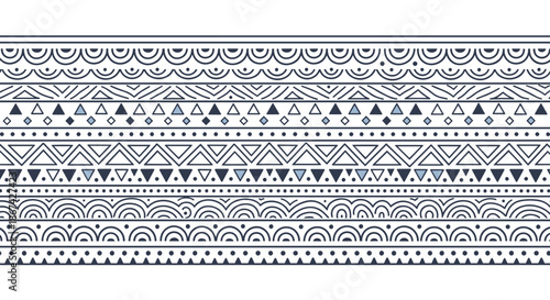 Seamless horizontal border with hand-drawn ethnic and tribal geometric patterns in a monochromatic blue and black color scheme.
