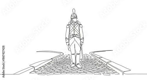 French soldier standing on cobblestone road in historical setting  