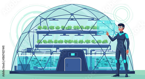 Advanced sustainable farming: hydroponics and aquaponics under dome with futuristic interface