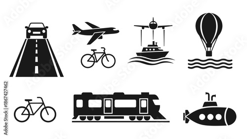 Collection of Various Transportation Icons Including Road, Airplane, Bicycle, Ship, Train, Submarine, and Hot Air Balloon on White Background