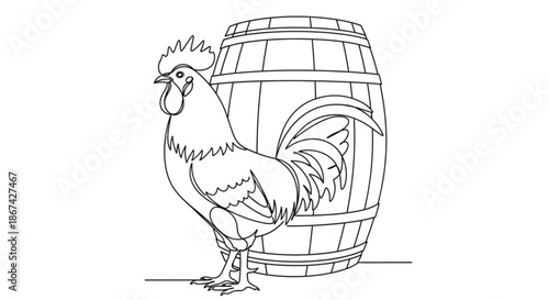 French rooster standing beside a wooden barrel in outline style  