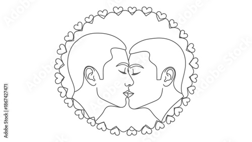 Romantic Line Art Illustration of Two Men Kissing in a Heart Frame, Celebrating Love and Affection on White Background