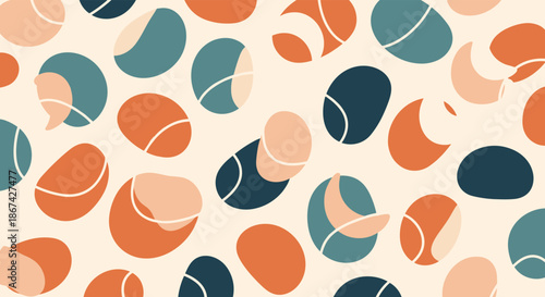 Abstract seamless pattern with organic pebble-like shapes and textures in a modern terracotta and teal color palette design.