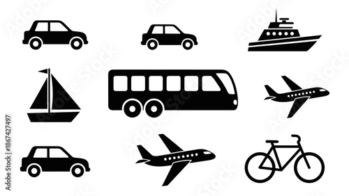 Collection of Various Ground Air and Sea Transportation Vehicles Black Silhouette Isolated White Background