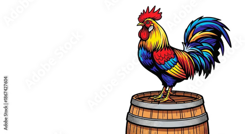 Colorful rooster standing on wooden barrel in vibrant illustration  