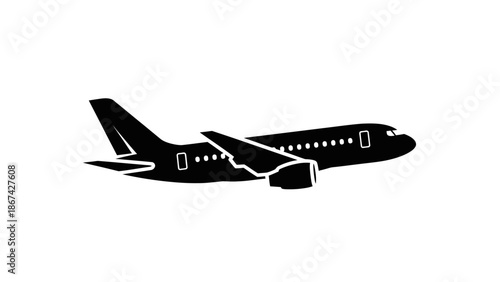 Black Silhouette Passenger Airplane Flying Isolated White Background