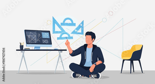 Architectural engineer designing with digital tools and geometric shapes in a modern studio