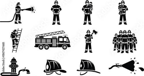 Firefighter silhouette icon set with fire truck equipment rescue actions emergency response illustration collection for safety service concepts design usage