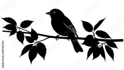 Black Silhouette Bird Perched on Leafy Branch Isolated White Background