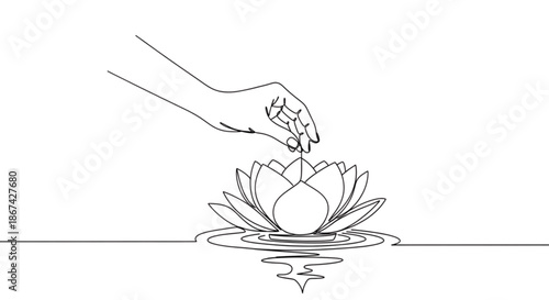 Hand placing flower on lotus in water with simple outline style  