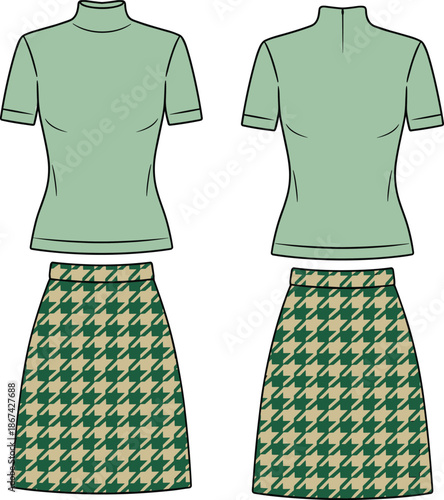 Green and Beige Houndstooth Skirt and Mock Neck T- Shirt Set t-shirt short sleeve