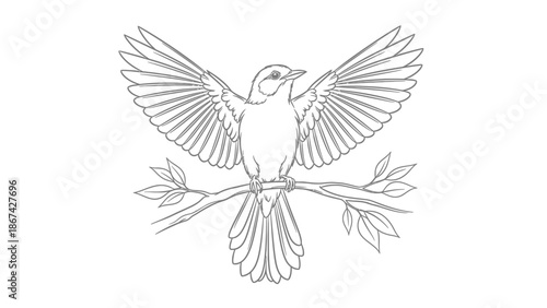 Outlined Bird Spreading Wings Landing on Branch Isolated White Background