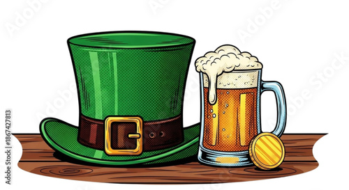 Green leprechaun hat next to beer mug on wooden table  