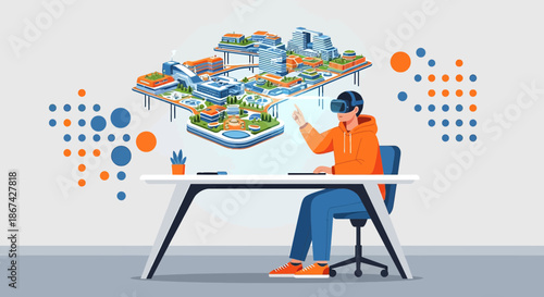 Architectural visualization in augmented reality: A man interacts with a virtual urban cityscape