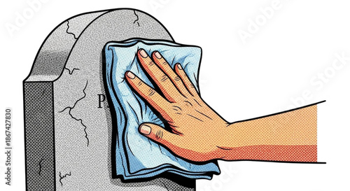 Hand cleaning gravestone with cloth in respectful memorial setting  