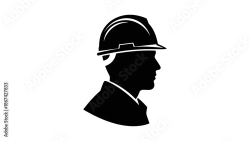 Silhouette of a Male Engineer or Construction Worker Wearing a Hard Hat in Profile, isolated white background