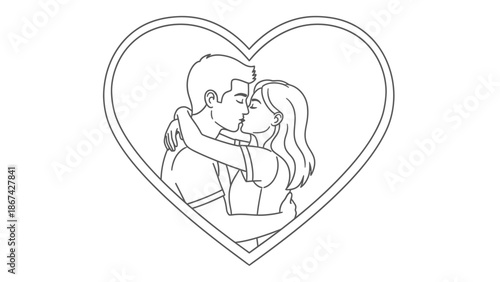 Loving Couple Kissing and Hugging within a Heart Shape, isolated white background
