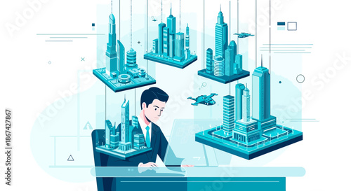 Architectural visualization: Isometric projection showcasing virtual city design and planning with