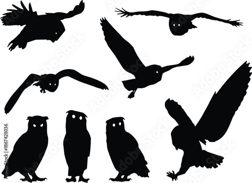 Black Owl Silhouettes in Flight and Perching Poses – Wildlife Bird Vector Set for Nature, Nocturnal Animal, and Design Themes