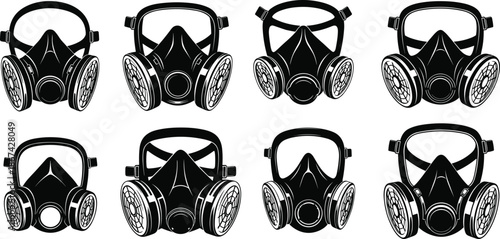 Gas mask respirator silhouette icon set protective industrial safety equipment collection for hazardous environment health protection design concepts and use