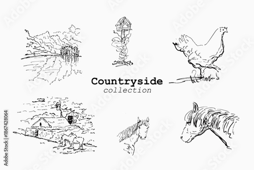 Rural life sketches set with animals and scenery for craft labels