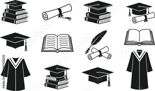 Graduation education icon set with books diploma mortarboard cap academic symbols for school university learning achievement illustration, design collection vector