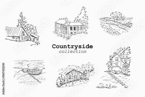 Old village houses and barn sketches set for organic product packaging