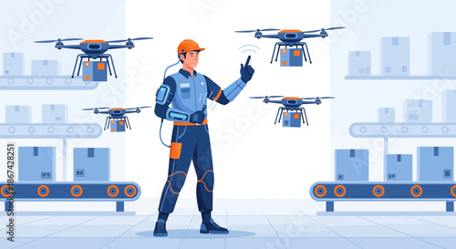 Automated drone delivery system supervised by an engineer in a modern warehouse setting showcasing