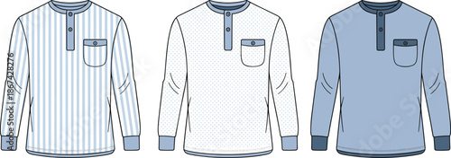 Three long sleeve henley shirts with pockets and button closures on white background button up